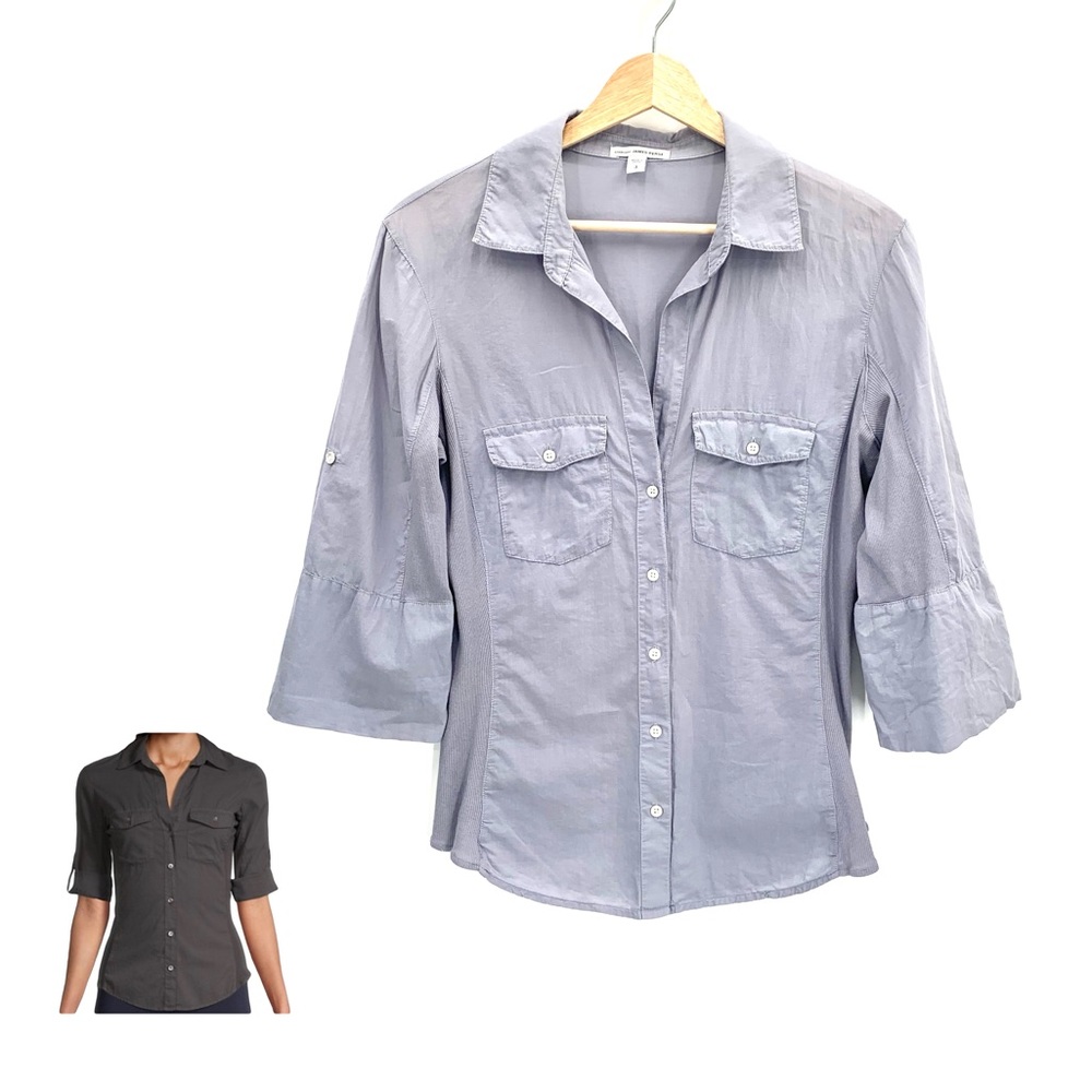 James Perse Light Gray Contrast-Panel 3/4 Roll Sleeve Button-Down Shirt Medium
